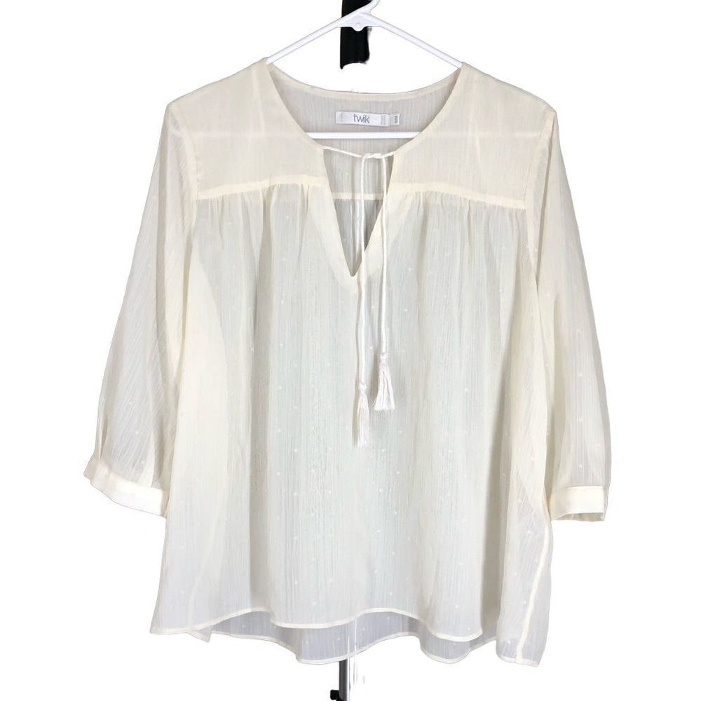 Simons TWIK Cream Polka Dot Sheer 3/4 Sleeve Flowy Blouse Sz M